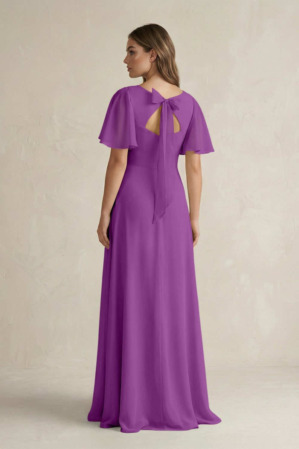 Flutter Sleeve V-Neck A-Line Chiffon Bridesmaid Dress in Amethyst