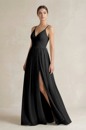 A-Line Spaghetti Strap Chiffon Bridesmaid Dress in Black - SHE IS ME BRIDESMAID DRESSES