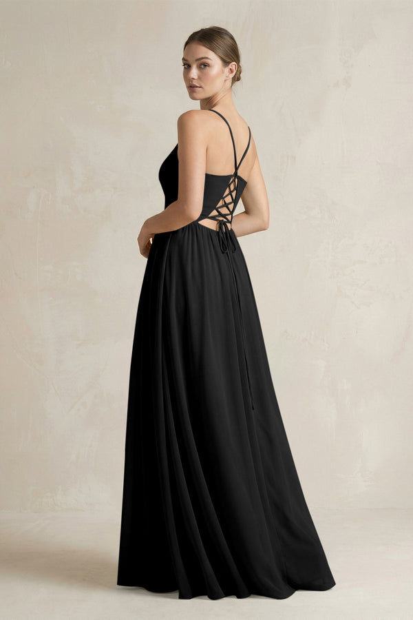 A-Line Spaghetti Strap Chiffon Bridesmaid Dress in Black - SHE IS ME BRIDESMAID DRESSES