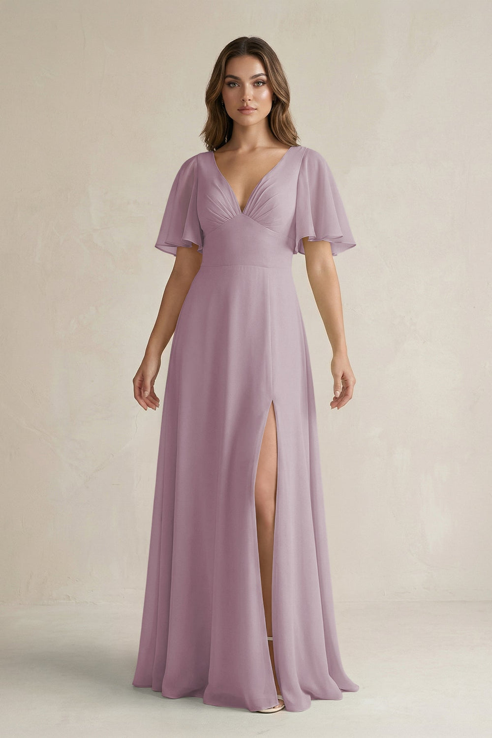 Flutter Sleeve V-Neck A-Line Chiffon Bridesmaid Dress in Dusk