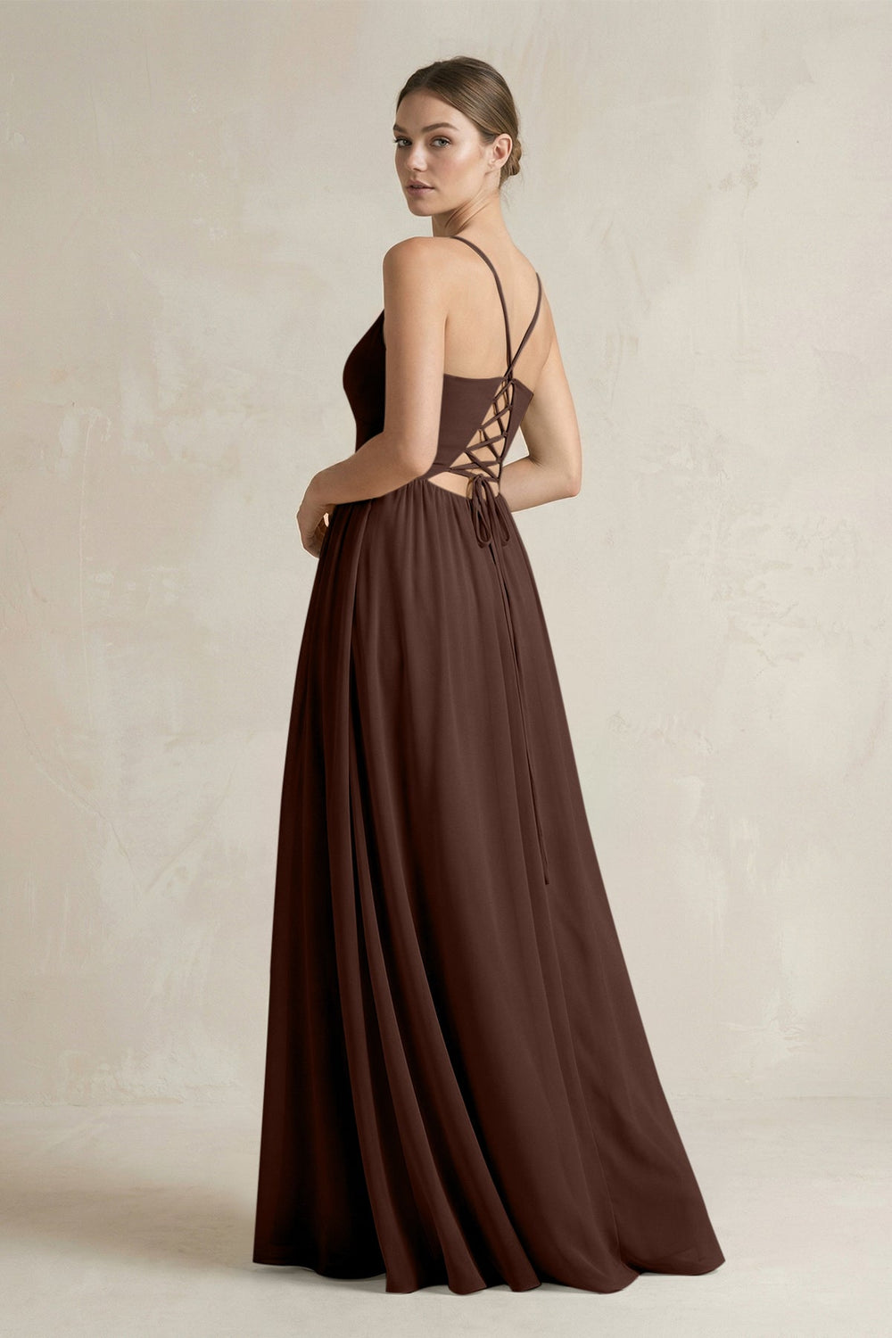 A-Line Spaghetti Strap Chiffon Bridesmaid Dress in Espresso - SHE IS ME BRIDESMAID DRESSES