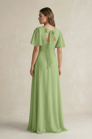 Flutter Sleeve V-Neck A-Line Chiffon Bridesmaid Dress in Matcha