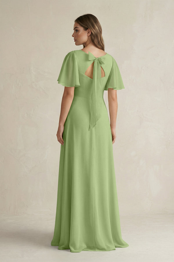 Flutter Sleeve V-Neck A-Line Chiffon Bridesmaid Dress in Matcha