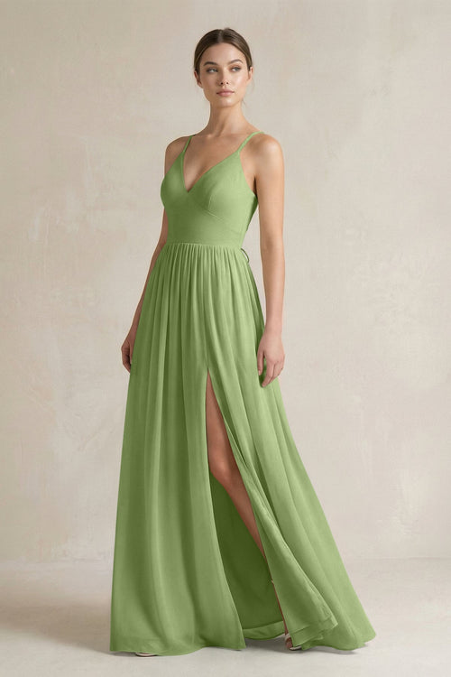 A-Line Spaghetti Strap Chiffon Bridesmaid Dress in Matcha - SHE IS ME BRIDESMAID DRESSES