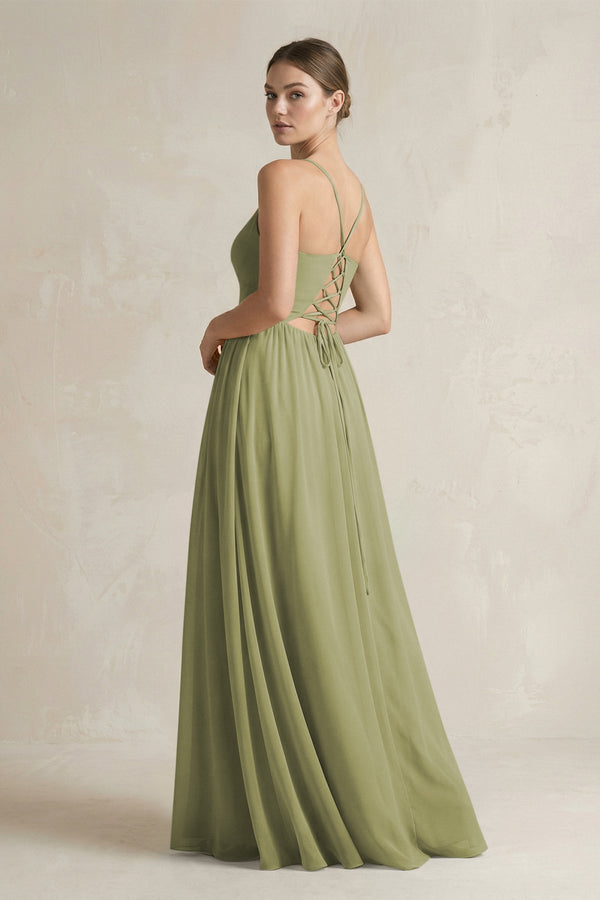 A-Line Spaghetti Strap Chiffon Bridesmaid Dress in Moss Green - SHE IS ME BRIDESMAID DRESSES