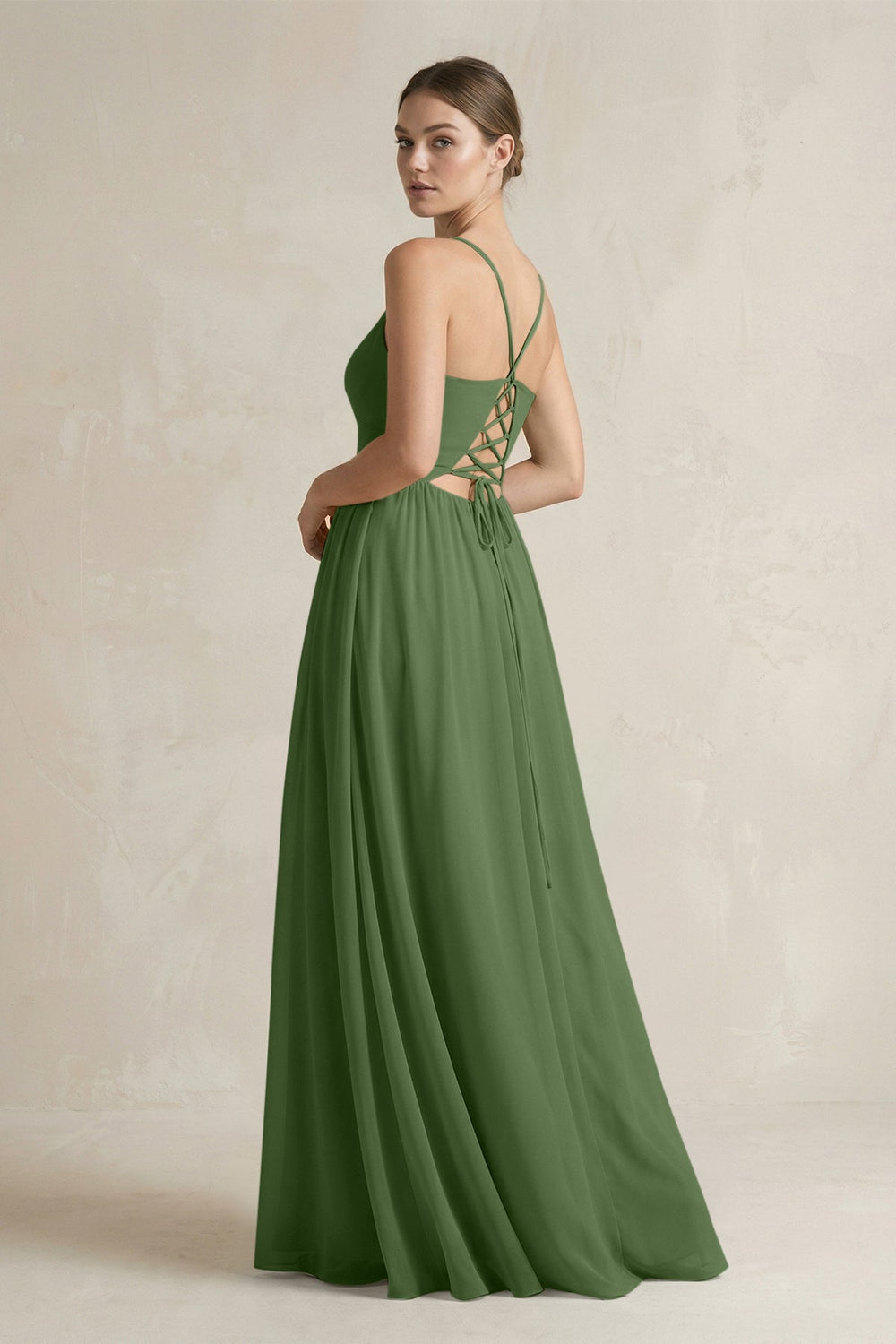A-Line Spaghetti Strap Chiffon Bridesmaid Dress in Moss - SHE IS ME BRIDESMAID DRESSES