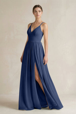 A-Line Spaghetti Strap Chiffon Bridesmaid Dress in Navy - SHE IS ME BRIDESMAID DRESSES