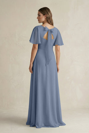 Flutter Sleeve V-Neck A-Line Chiffon Bridesmaid Dress in Neptune