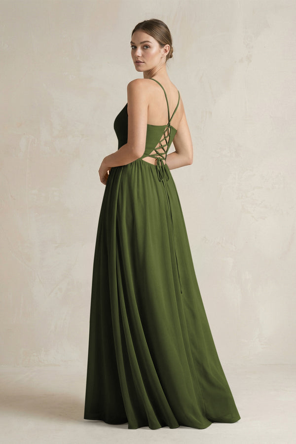 A-Line Spaghetti Strap Chiffon Bridesmaid Dress in Olive - SHE IS ME BRIDESMAID DRESSES