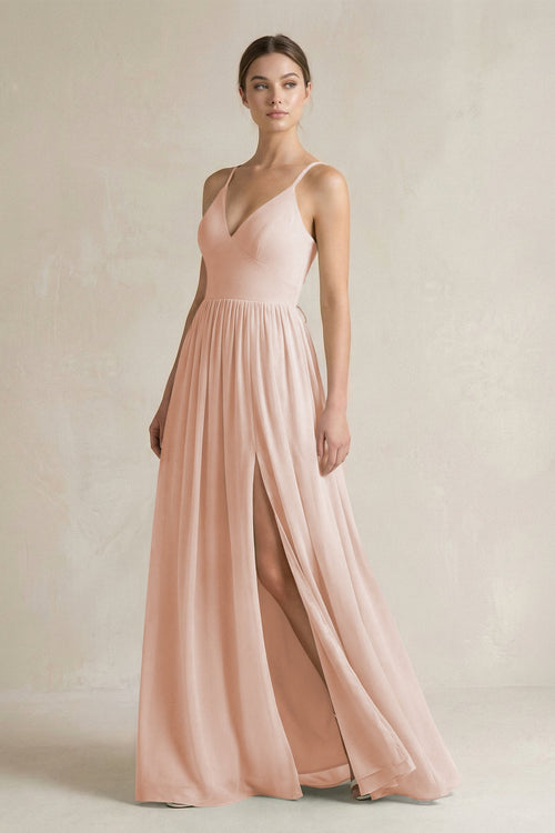 A-Line Spaghetti Strap Chiffon Bridesmaid Dress in Pale Blush - SHE IS ME BRIDESMAID DRESSES