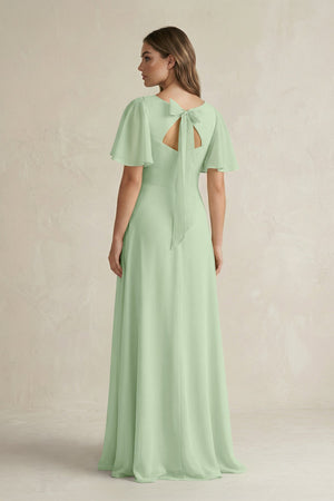 Flutter Sleeve V-Neck A-Line Chiffon Bridesmaid Dress in Sage