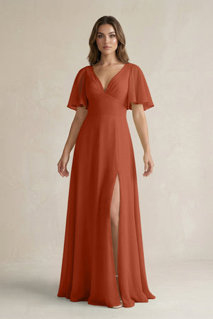 Flutter Sleeve V-Neck A-Line Chiffon Bridesmaid Dress in Spice