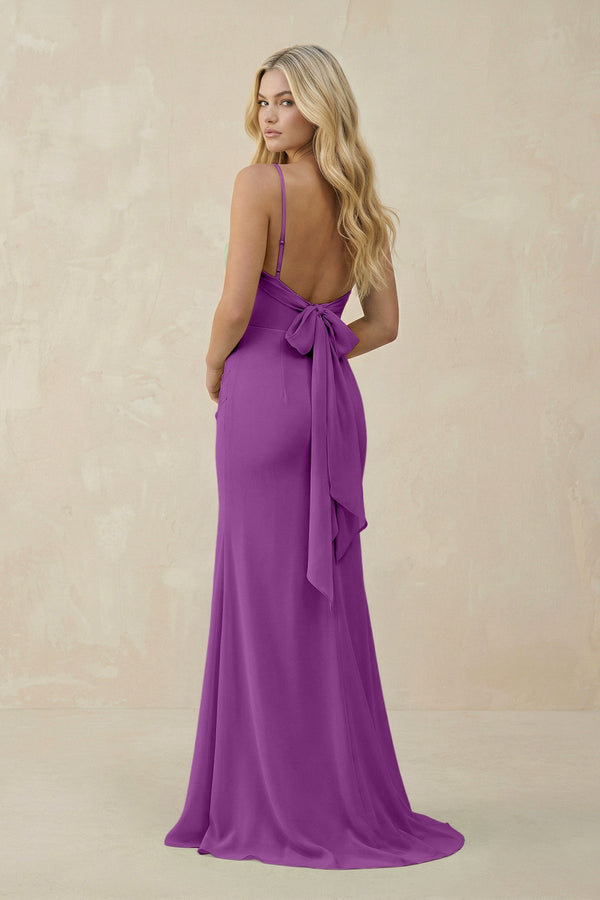 Cowl Neck Sheath Chiffon Bridesmaid Dress with Corset in Amethyst - SHE IS ME Bridesmaid Dresses