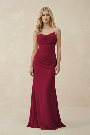 Cowl Neck Sheath Chiffon Bridesmaid Dress with Corset in Berry - SHE IS ME Bridesmaid Dresses