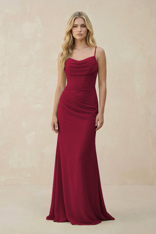Cowl Neck Sheath Chiffon Bridesmaid Dress with Corset in Berry - SHE IS ME Bridesmaid Dresses