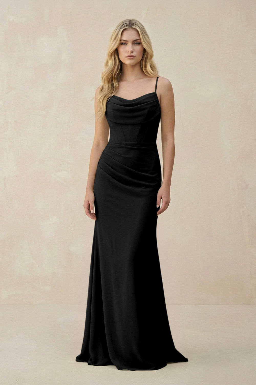 Cowl Neck Sheath Chiffon Bridesmaid Dress with Corset in Black - SHE IS ME Bridesmaid Dresses