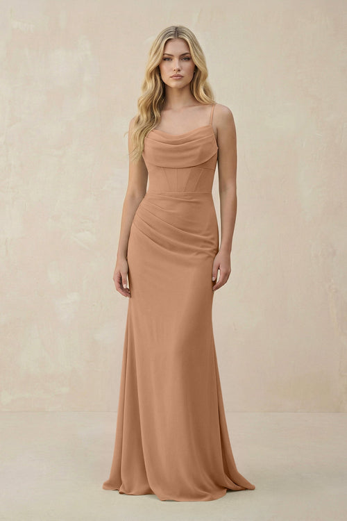 Cowl Neck Sheath Chiffon Bridesmaid Dress with Corset in Bronzer - SHE IS ME Bridesmaid Dresses