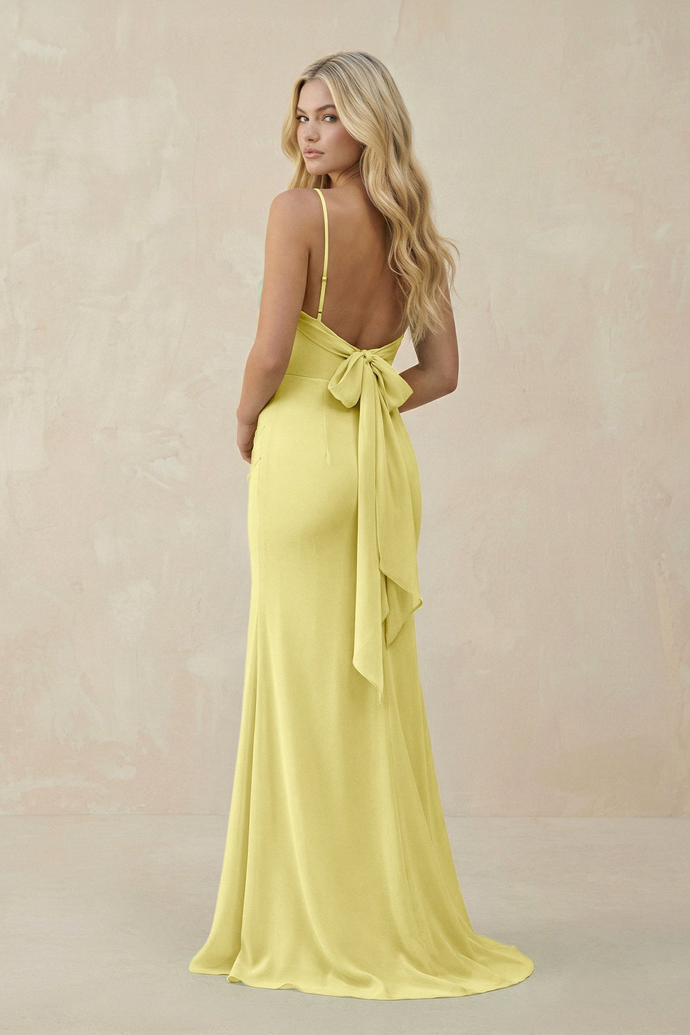 Cowl Neck Sheath Chiffon Bridesmaid Dress with Corset in Buttercup - SHE IS ME Bridesmaid Dresses