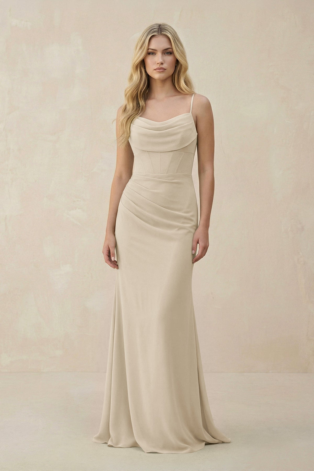 Cowl Neck Sheath Chiffon Bridesmaid Dress with Corset in Champagne - SHE IS ME Bridesmaid Dresses