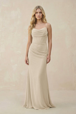 Cowl Neck Sheath Chiffon Bridesmaid Dress with Corset in Champagne - SHE IS ME Bridesmaid Dresses
