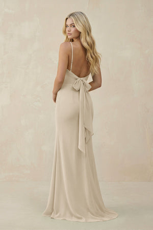 Cowl Neck Sheath Chiffon Bridesmaid Dress with Corset in Champagne - SHE IS ME Bridesmaid Dresses
