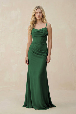 Cowl Neck Sheath Chiffon Bridesmaid Dress with Corset in Dark Green - SHE IS ME Bridesmaid Dresses