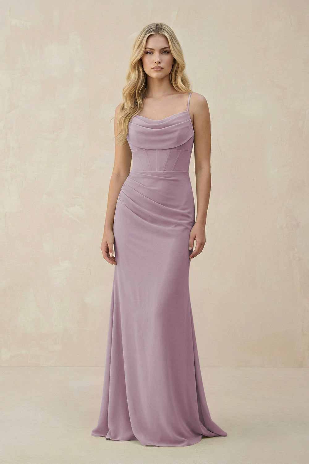 Cowl Neck Sheath Chiffon Bridesmaid Dress with Corset in Dusk - SHE IS ME Bridesmaid Dresses