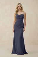 Cowl Neck Sheath Chiffon Bridesmaid Dress with Corset in Dusk Blue - SHE IS ME Bridesmaid Dresses