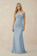 Cowl Neck Sheath Chiffon Bridesmaid Dress with Corset in Dusty Blue - SHE IS ME Bridesmaid Dresses