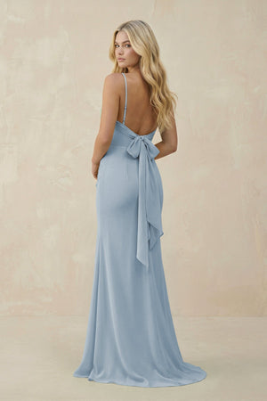 Cowl Neck Sheath Chiffon Bridesmaid Dress with Corset in Dusty Blue - SHE IS ME Bridesmaid Dresses