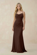 Cowl Neck Sheath Chiffon Bridesmaid Dress with Corset in Espresso - SHE IS ME Bridesmaid Dresses