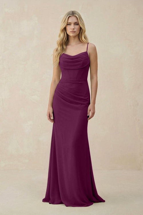 Cowl Neck Sheath Chiffon Bridesmaid Dress with Corset in Fig - SHE IS ME Bridesmaid Dresses