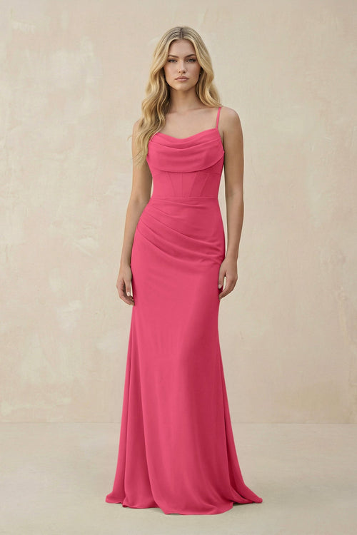 Cowl Neck Sheath Chiffon Bridesmaid Dress with Corset in Fuchsia - SHE IS ME Bridesmaid Dresses