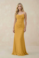 Cowl Neck Sheath Chiffon Bridesmaid Dress with Corset in Marigold - SHE IS ME Bridesmaid Dresses