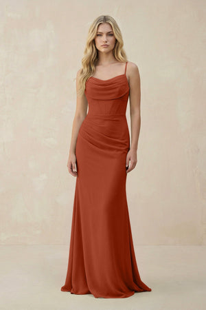 Cowl Neck Sheath Chiffon Bridesmaid Dress with Corset in Spice - SHE IS ME Bridesmaid Dresses