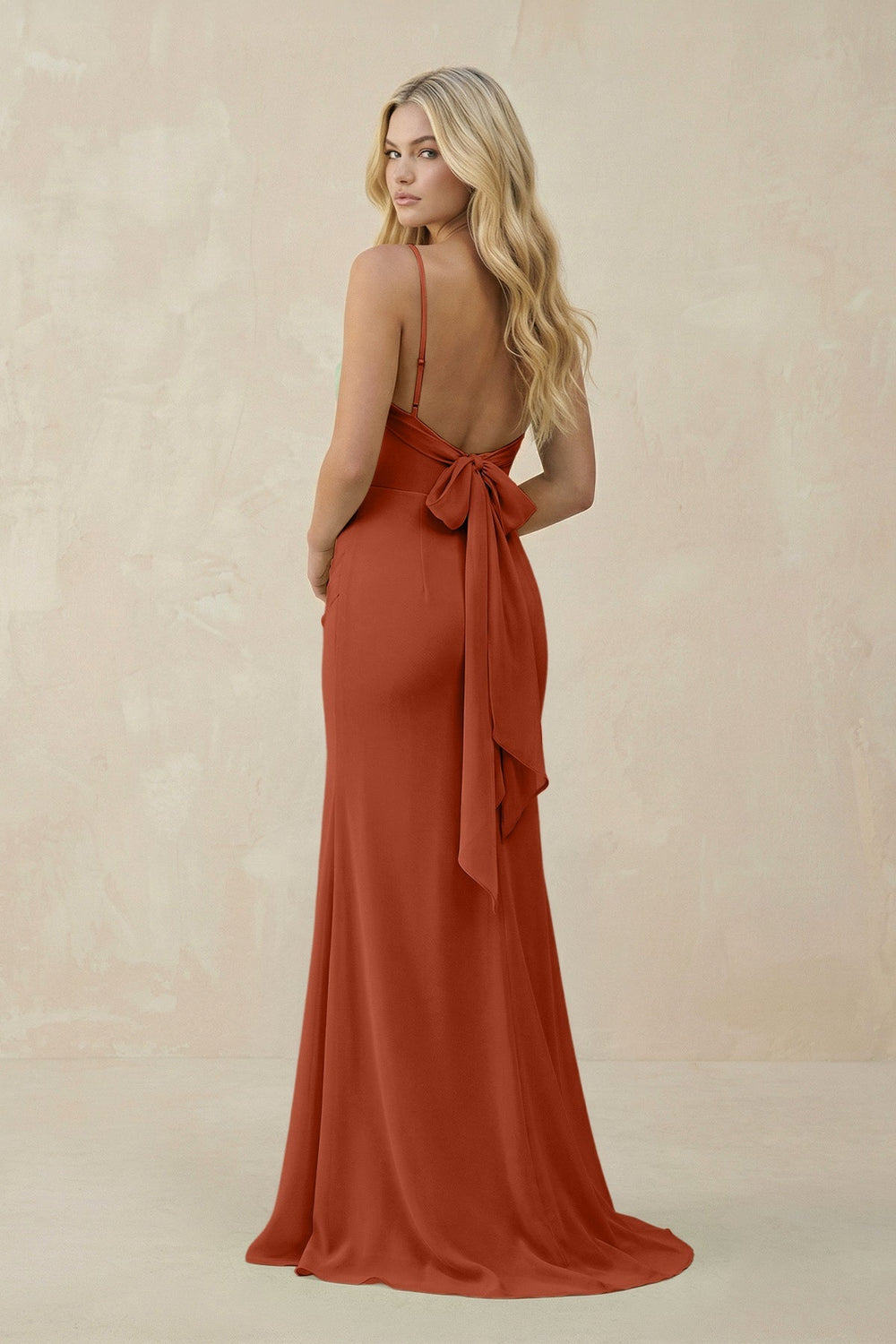 Cowl Neck Sheath Chiffon Bridesmaid Dress with Corset in Spice - SHE IS ME Bridesmaid Dresses