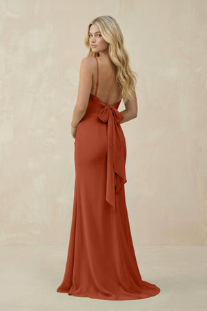 Cowl Neck Sheath Chiffon Bridesmaid Dress with Corset in Spice - SHE IS ME Bridesmaid Dresses