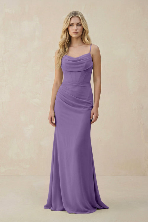 Cowl Neck Sheath Chiffon Bridesmaid Dress with Corset in Tahiti - SHE IS ME Bridesmaid Dresses