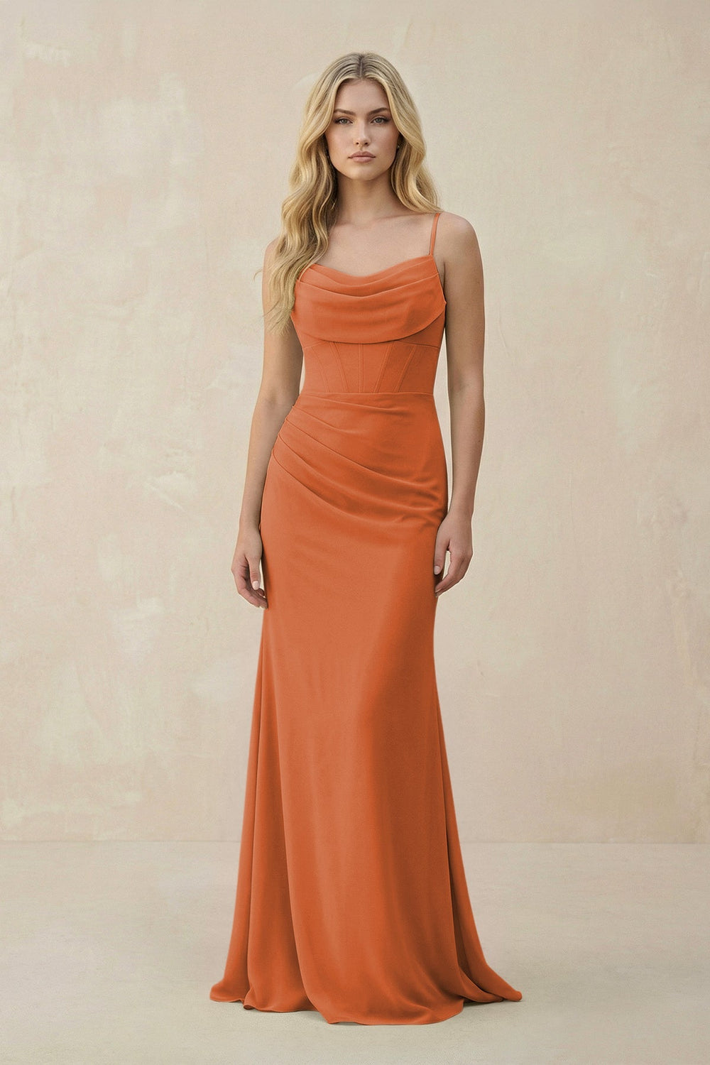 Cowl Neck Sheath Chiffon Bridesmaid Dress with Corset in Terracotta - SHE IS ME Bridesmaid Dresses