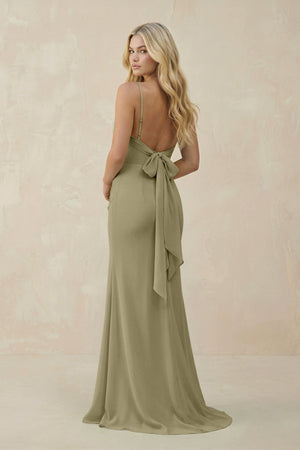 Cowl Neck Sheath Chiffon Bridesmaid Dress with Corset in Thyme - SHE IS ME Bridesmaid Dresses