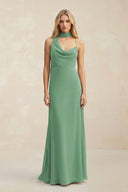 Cowl Neck Sheath Chiffon Maxi Bridesmaid Dress With Ribbon in Sea Glass - SHE IS ME Bridesmaid Dresses