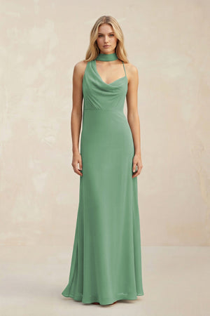 Cowl Neck Sheath Chiffon Maxi Bridesmaid Dress With Ribbon in Sea Glass - SHE IS ME Bridesmaid Dresses