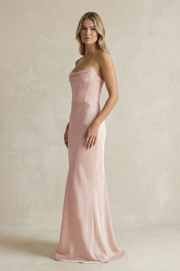Cowl Neck Sheath Corset Bridesmaid Dress in Pale Blush - SHE IS ME Bridesmaid Dresses
