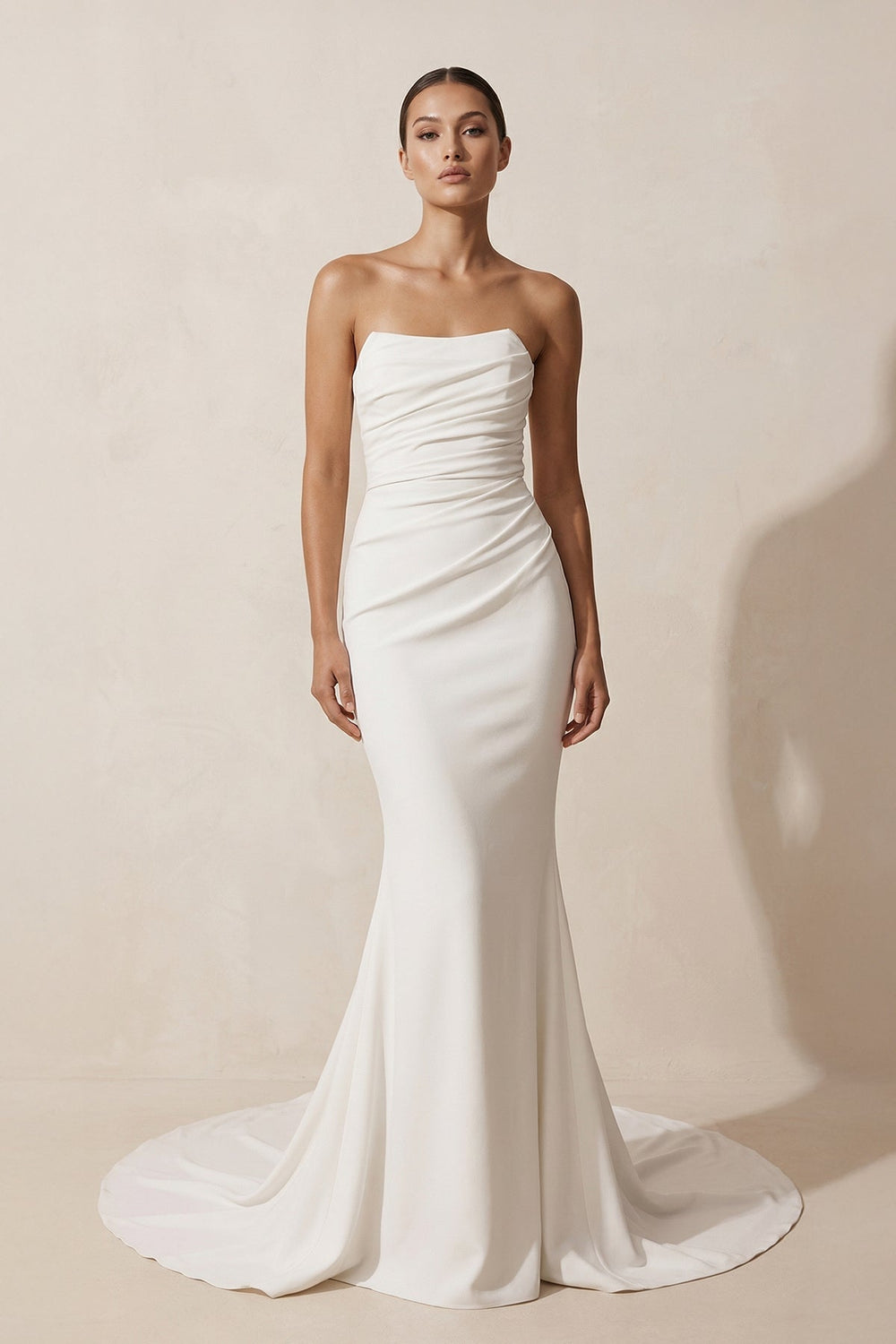 Crepe Strapless Ruched Mermaid Wedding Dress in Ivory - SHE IS ME Wedding Dresses