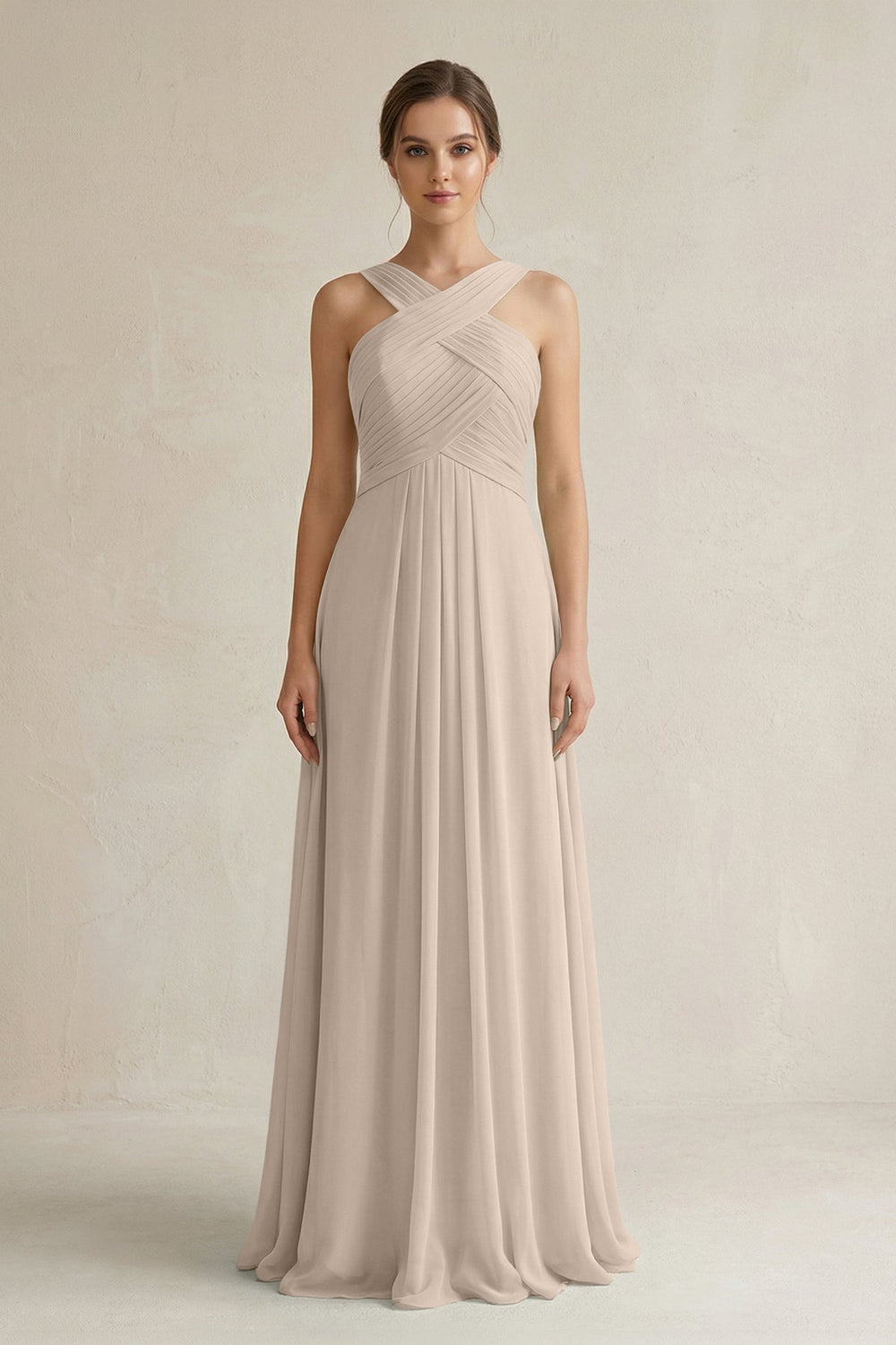 Cross Halter Chiffon A - Line Pleated Bridesmaid Dress in Almond - SHE IS ME Bridesmaid Dresses