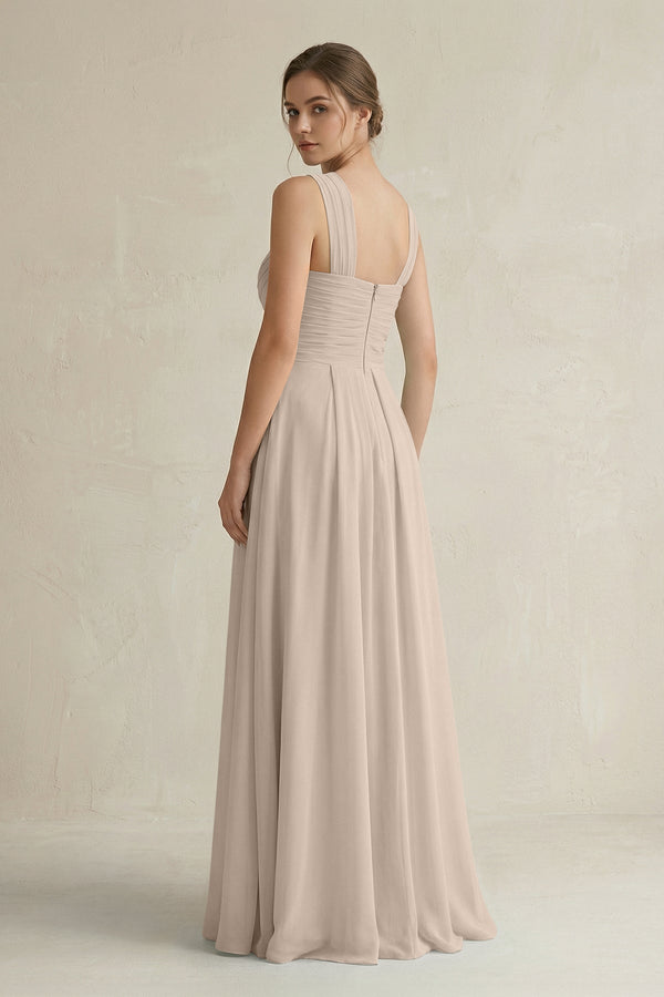 Cross Halter Chiffon A - Line Pleated Bridesmaid Dress in Almond - SHE IS ME Bridesmaid Dresses