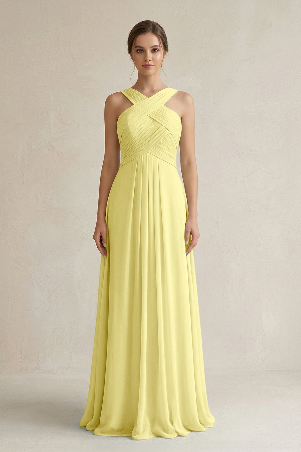 Cross Halter Chiffon A - Line Pleated Bridesmaid Dress in Buttercup - SHE IS ME Bridesmaid Dresses