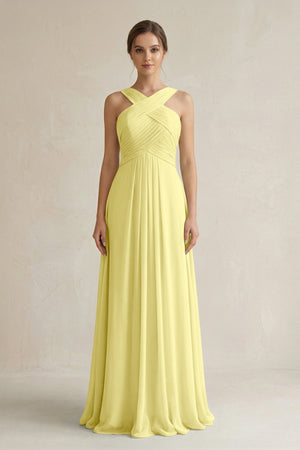 Cross Halter Chiffon A - Line Pleated Bridesmaid Dress in Buttercup - SHE IS ME Bridesmaid Dresses