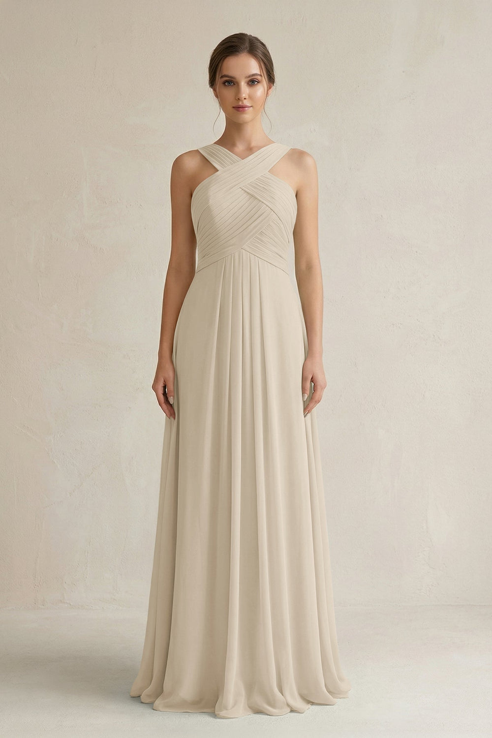Cross Halter Chiffon A - Line Pleated Bridesmaid Dress in Champagne - SHE IS ME Bridesmaid Dresses