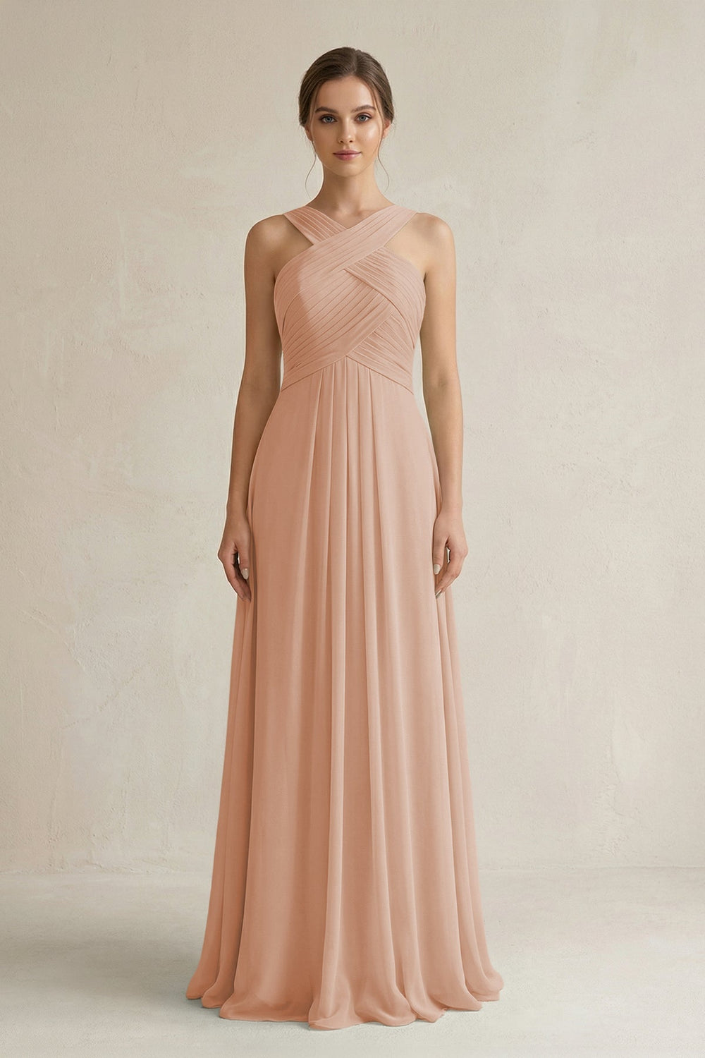 Cross Halter Chiffon A - Line Pleated Bridesmaid Dress in Champagne Rose - SHE IS ME Bridesmaid Dresses